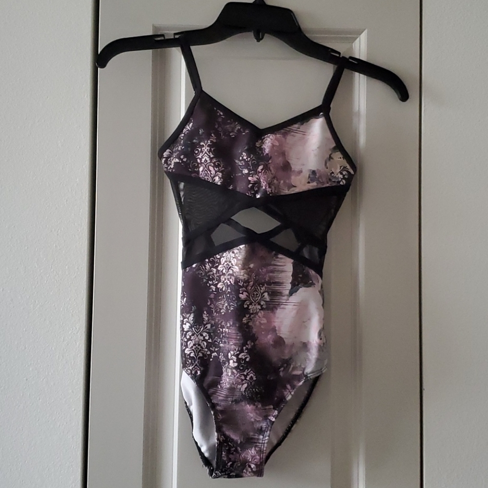 Girls' Purple Patterned Dance Leotard with Mesh Accents